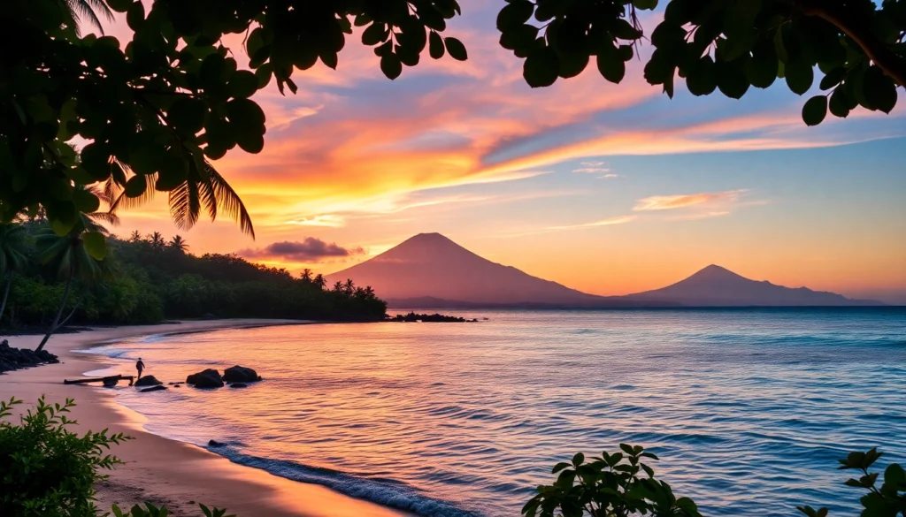 Lombok's stunning beaches with Mount Rinjani in the background, inviting tropical scenery and natural beauty.