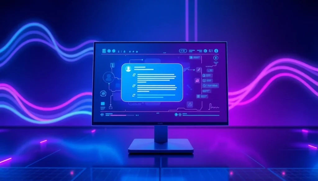 A high-tech chatbot interface with vibrant neon colors and digital data streams, representing advanced AI conversation technology.