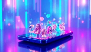 Futuristic AI chatbot interface with holographic characters on a sleek device screen, set against a neon-lit digital background.