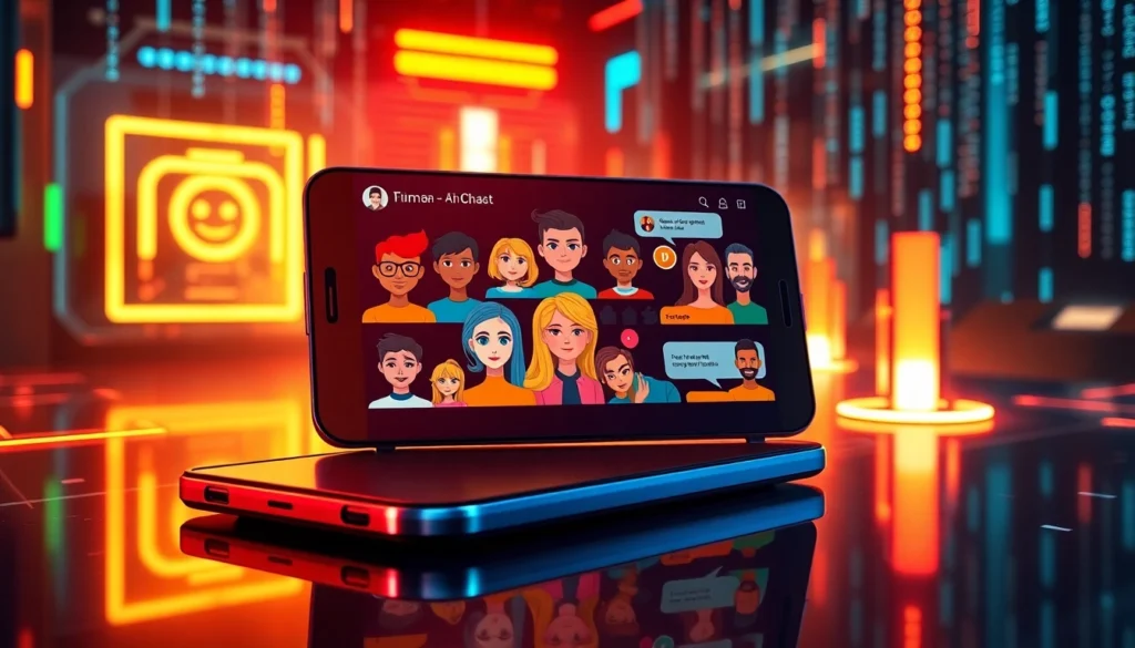 Futuristic chat interface featuring customizable AI characters on a high-tech device with holographic elements.