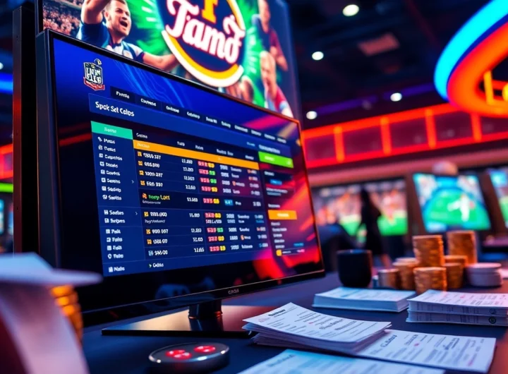 Digital sportsbook platform with betting slips and sports imagery in a vibrant, modern setting.