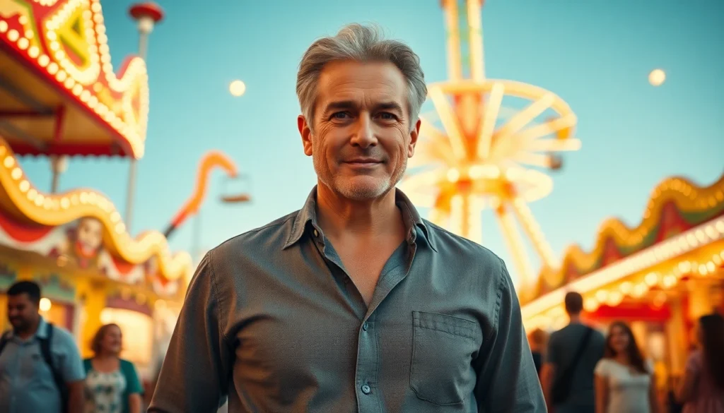 An attractive older man at Disneyland, smiling confidently in casual attire amidst colorful rides and bright lights.