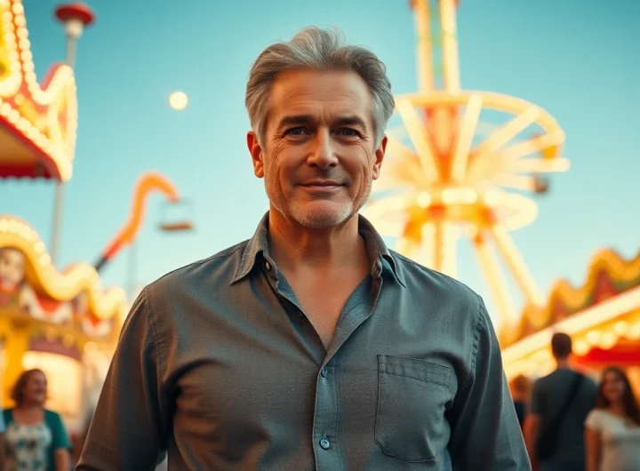 An attractive older man at Disneyland, smiling confidently in casual attire amidst colorful rides and bright lights.