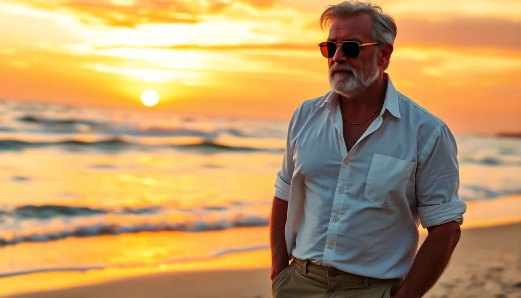 An attractive older man standing on a beach at sunset, looking confident and relaxed.