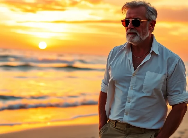 An attractive older man standing on a beach at sunset, looking confident and relaxed.
