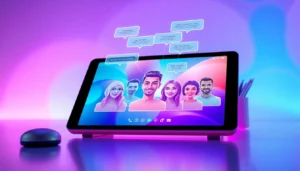 An illustration of a futuristic digital chat interface with holographic AI characters and colorful abstract background.