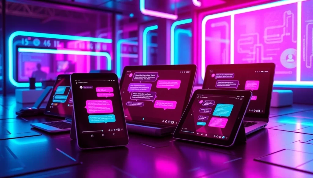 Futuristic digital chatbot interface displayed on multiple devices with neon accents and vibrant chat bubbles.