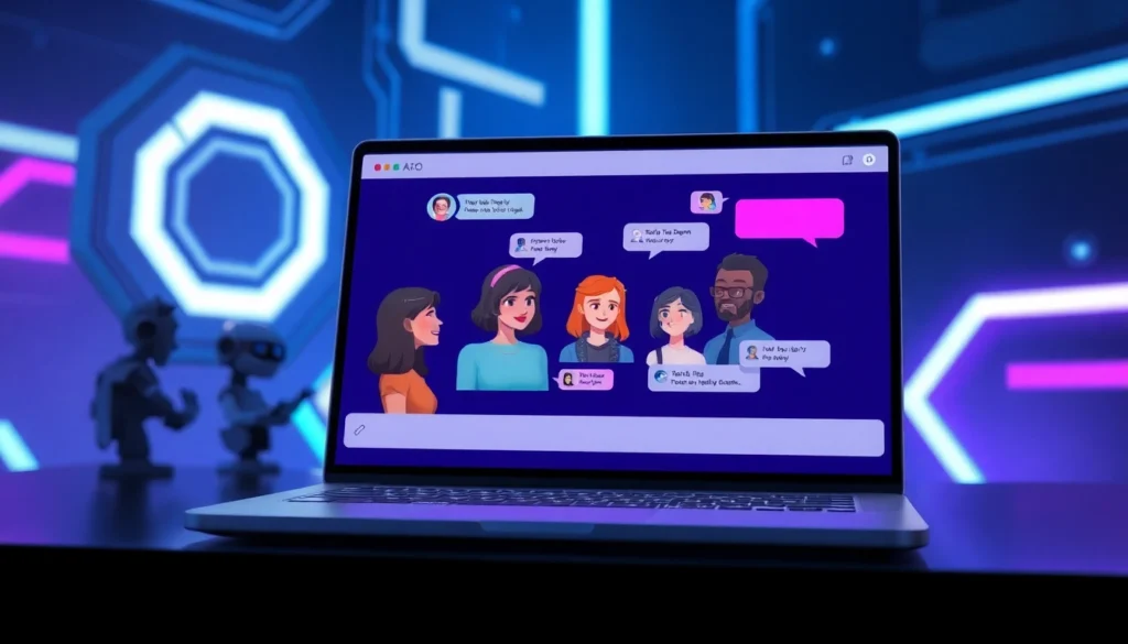 Futuristic chat interface with animated AI characters engaging in conversation on a sleek digital platform.