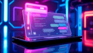 Futuristic AI chatbot interface on a glowing screen with neon accents and holographic elements in a cyberpunk environment.