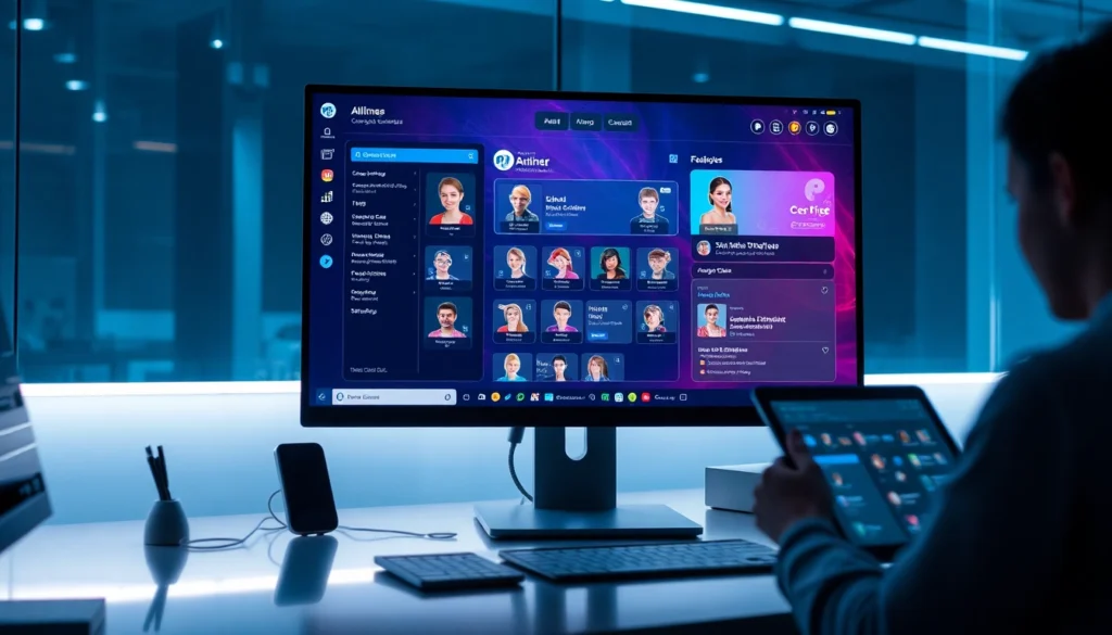 A person interacting with an AI chat platform on a tablet, showcasing customizable AI characters in a modern digital workspace.